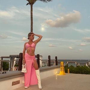 Pink two piece drawstring skirt and crop top set
